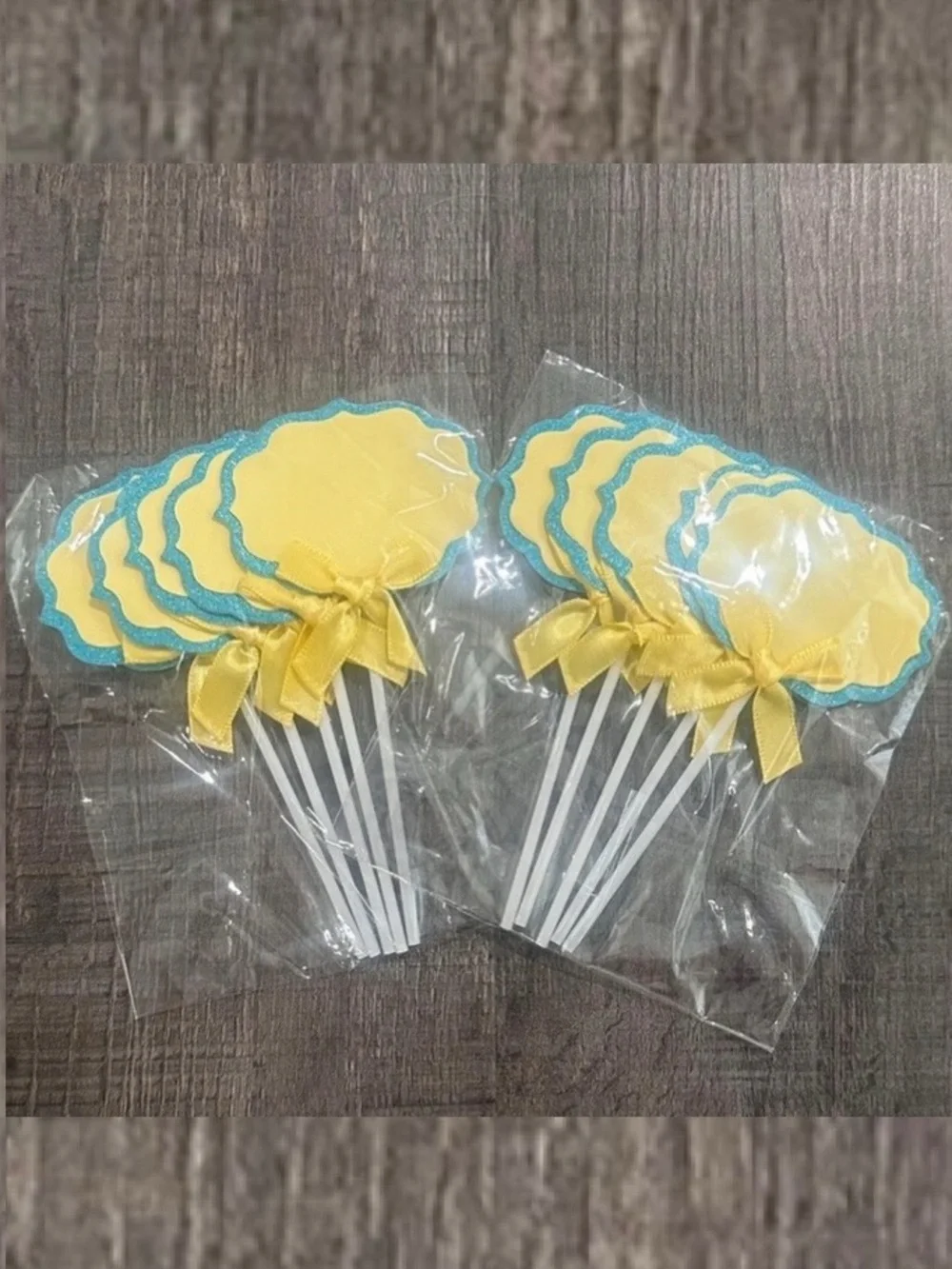 💞 New Pack of 10 Yellow & Blue Glitter Buffet Food Label Cupcake Toppers